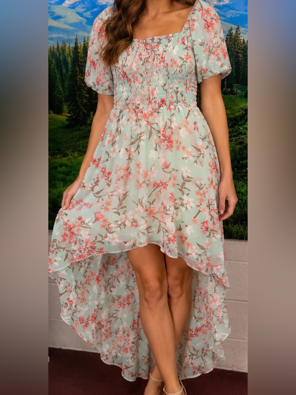 As U Wish Mint Green High-Low Floral Dress with Pink Blossoms